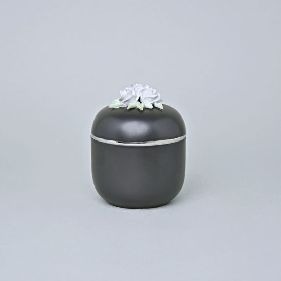 Jar With Violet Roses 11 x 9 cm, Black + Platinum, Royal Dux Bohemia Porcelain