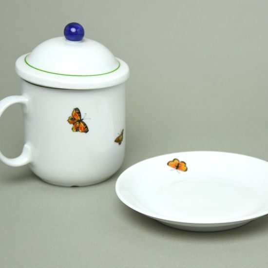 Mug 400 ml with cap and strainer, Birds and butterflies, Atelier Lesov