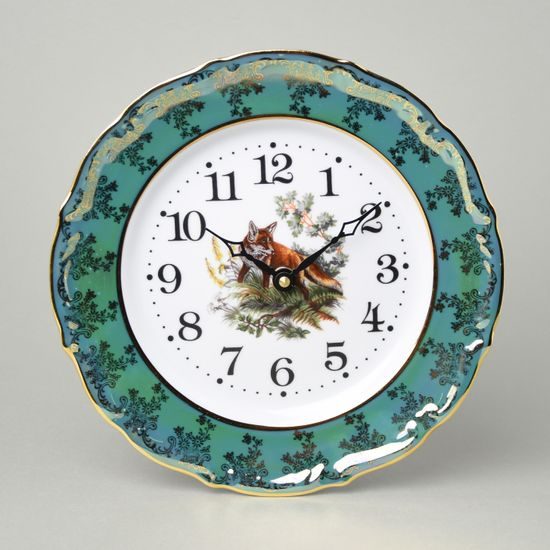 Clock wall 24 cm, Thun 1794 Carlsbad porcelain, hunting decor + green pearl