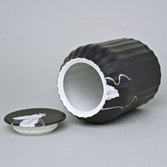 Dóza / Urna Dora s pírky a platinovou stuhou 16 x 12 cm, Černý fond + platina, Porcelán Duchcov