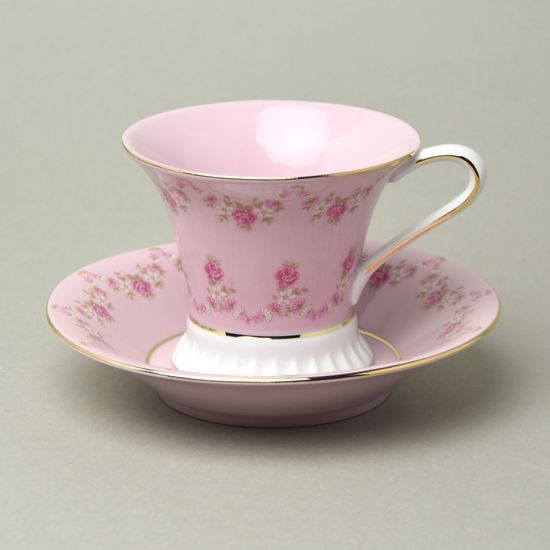 Cup footed 200 ml + sacuer 15 cm, Světlana, pink-white, decor 158, Leander, rose china