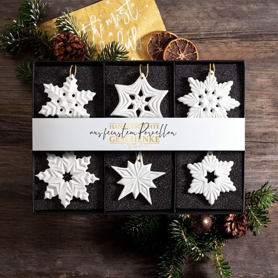 Christmas decoration set, 6 pcs., Snowflakes, bisque porcelain, Unterweissbacher Werkstätten für Porzellankunst