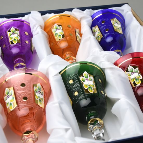 Wine glass coloured 220 ml, set of 6, enamel flowers + gold, Bohemia crystal gold