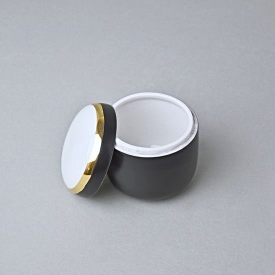 Dózička kulatá se zlatým páskem 7,5 x 7,2 cm, Černý fond + Zlato, Porcelán Duchcov