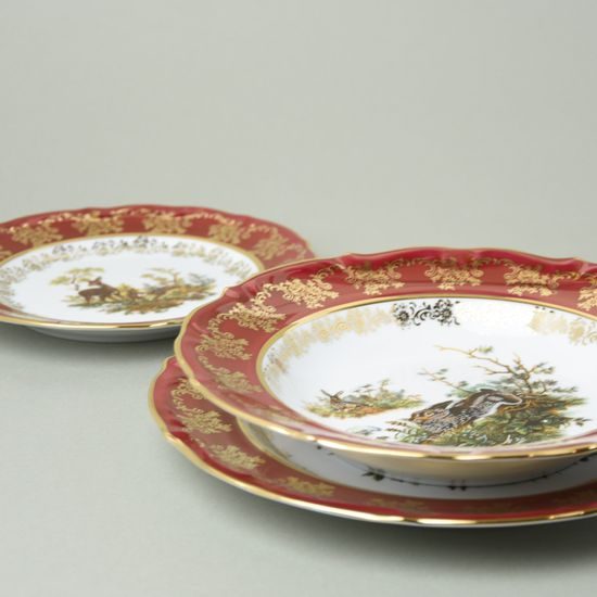 Plate set for 6 pers., Hunting - ruby red, Carlsbad porcelain