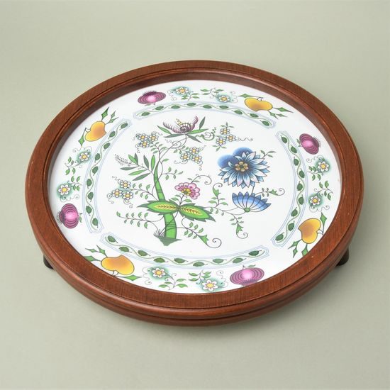 Kitchen mat in wooden frame round 32 cm, coloured onion pattern