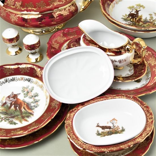 Dinner set for 6 pers., Hunting - ruby, Carlsbad porcelain