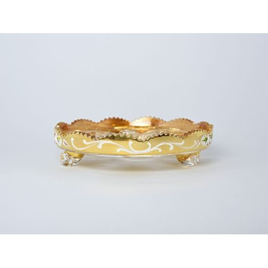 Křišťálový dortový talíř broušený trojnožka (mísa), 205 mm, zlato + smalt, Jahami Bohemia