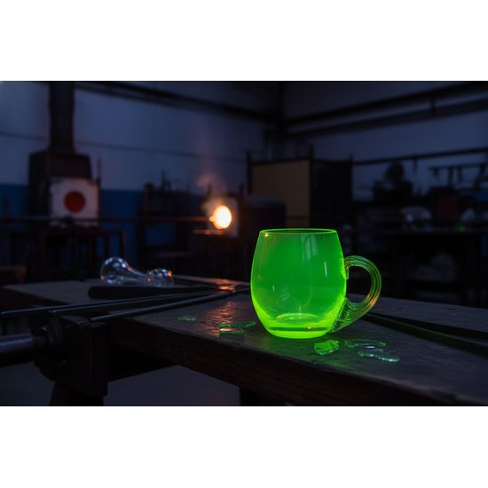 Smooth glass with handle (uranium glass), 500 ml, Glassworks Janov