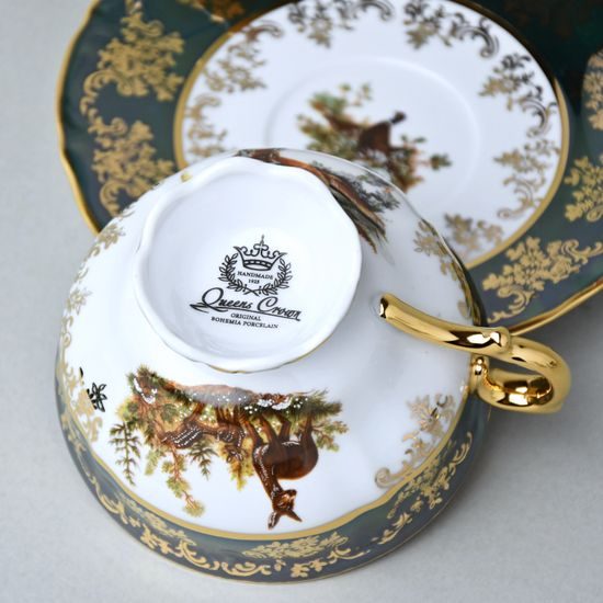 Tea cup 230 ml + saucer, Hunting - Green, Queen's Crown