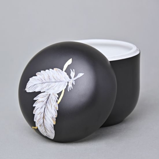 Dóza s pírky a zlatou stuhou 9,5 x 9 cm, Černý fond + zlato, Porcelán Duchcov