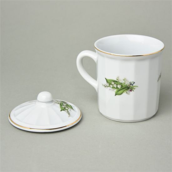 Mug Tony with lid 0,27 l, Lily-of-the-valley + gold line, Cesky porcelan a.s.