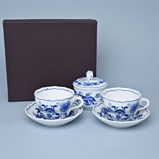 Souprava šálků a cukřenky v dárkové krabičce, Cibulák, originální z Dubí