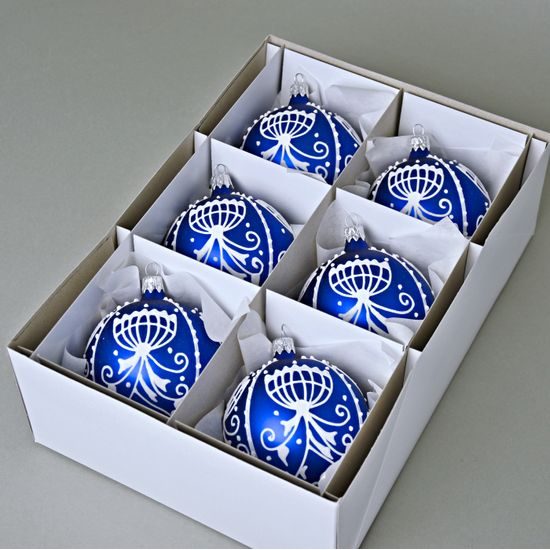 Onion Pattern Christmas Tree Decoration Balls, 8 cm BLUE - 6 pcs. Set, Czech Glass christmas decorations