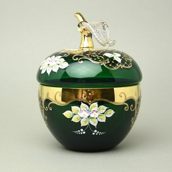 Křišťálová dóza "Jablko" kulatá velká - ZELENÁ, v. 22 cm, zlato + smalt, Jahami Bohemia