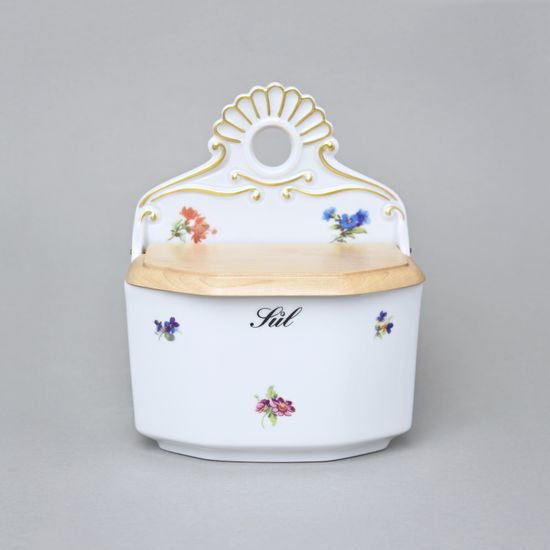 Slánka závěsná s dřevěným víčkem s nápisem Sůl 0,70 l, Rakouská házenka, Český porcelán a.s.