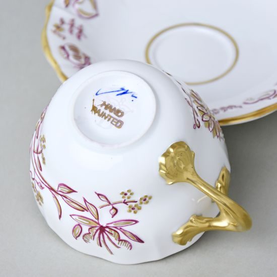 Elegance: Cup 0,21 l + saucer 16 cm, Gold + Pink, Hand-decorated by Vilém Janoušek, Český porcelán a.s