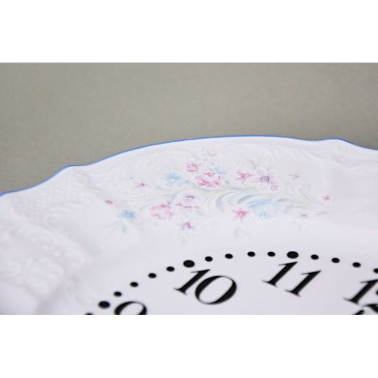 Wall clock 27 cm, Thun 1794 Carlsbad porcelain, BERNADOTTE blue-pink flowers