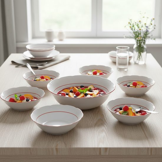 70477: Compot set for 6 pers., Thun 1794 Carlsbad porcelain, Natalie, Red line