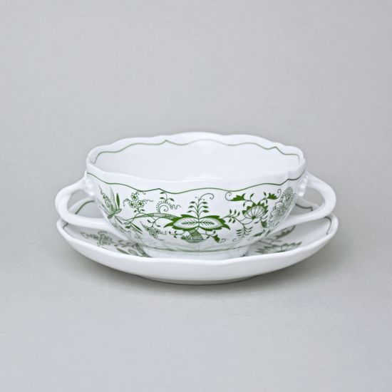 Šálek a podšálek bujón (na polévku) s oušky 250 ml / 17,5 cm, zelený cibulák, Český porcelán a.s.
