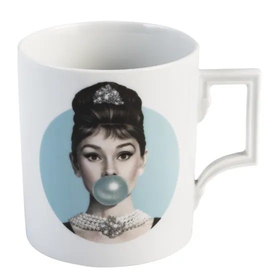 Mug Henkel 89 mm 250 ml, Audrey Hepburn with blue bubble, Meissen porcelain