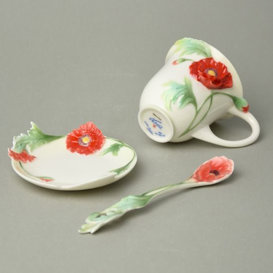 POPPY FLOWER DESIGN SCULPTURED porcelain cup/saucer/spoon set, FRANZ porcelain