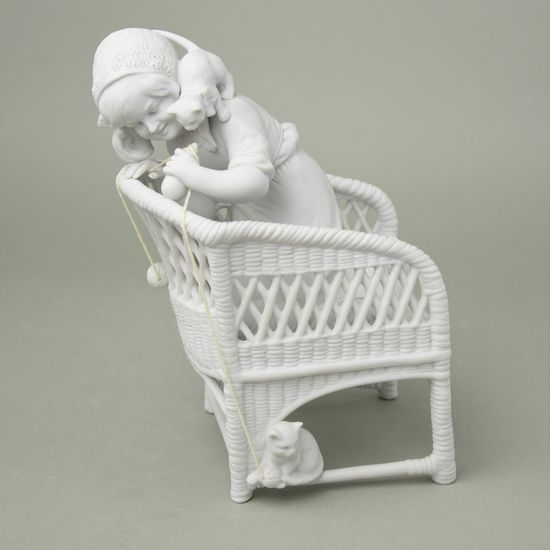 Girl with cats on a wicker chair 21,5 cm, matt bisquit decor, Unterweissbacher porcelain