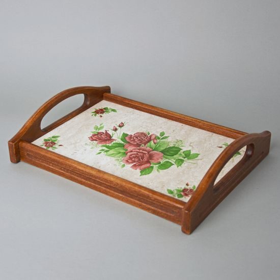 Kuchyňský podnos / destička / prkénko v dřevěném rámu 31 x 24 cm, dekor tmavě červené růže, česká ruční výroba