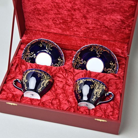 Souprava Šálek 200 ml a podšálek čajový, 2ks. Opera kobaltová modř + zlato, Dárkové balení, Český porcelán a.s. (Royal Dux Bohemia)