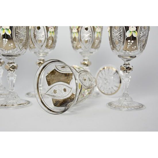 Cut Crystal Wine Glasses - set 6 pcs, Platinum + Enamel, Jahami Bohemia
