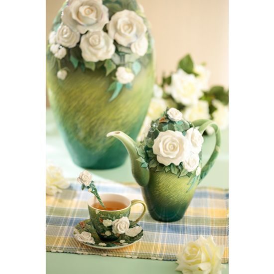 Van Gogh White roses flower design sculptured porcelain teapot 23 cm, FRANZ Porcelain