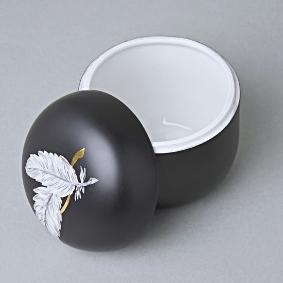 Dóza s pírky a zlatou stuhou 9,5 x 9 cm, Černý fond + zlato, Porcelán Duchcov