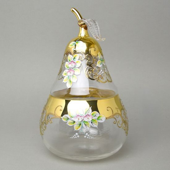 Křišťálová dóza "Hruška" kulatá, v. 28 cm velká, zlato + smalt, Bohemia
