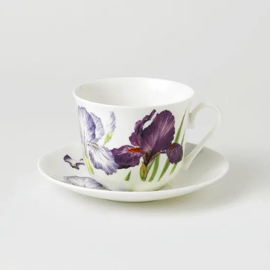 Iris: Cup 420 ml and saucer breakfast, English Fine Bone China, Roy Kirkham