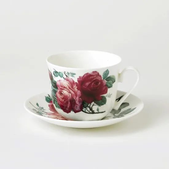 English Rose: Šálek 420 ml a podšálek snídaňový, anglický kostní porcelán Roy Kirkham