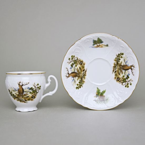 Cup and saucer 150 ml / 14 cm, Thun 1794 Carlsbad porcelain, BERNADOTTE hunting