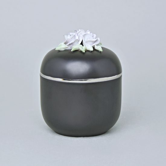 Jar With Violet Roses 11 x 9 cm, Black + Platinum, Royal Dux Bohemia Porcelain