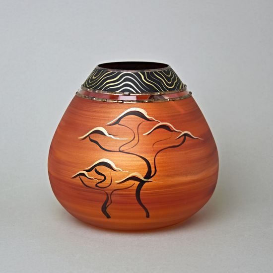 Studio Miracle: Váza baňka oranžovo - červená, třpyt, 16,5 cm, ruční dekorace Vlasta Voborníková