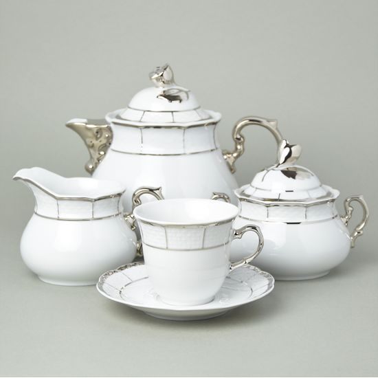 Tea set for 6 persons, Thun 1794 Carlsbad porcelain, MENUET platinum