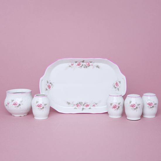 Pink line: Cruet set 6 pcs., Thun 1794 Carlsbad porcelain, BERNADOTTE roses