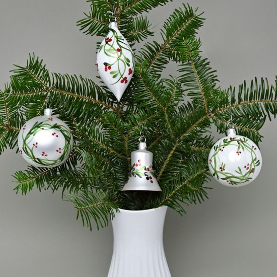 Vánoční skleněné ozdoby 4 ks sada, 7 - 10 cm, Cesmína, České vánoční ozdoby KOULIER