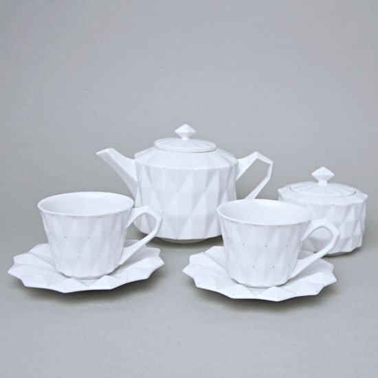 Tea / Coffee Set for 2 pers with sugar bowl, Diamond White, Goldfinger Porcelain