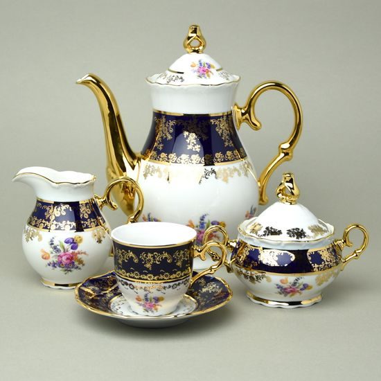 Coffee set for 6 pers., Ophelie 677, cobalt + flowers + gold, Stará Role Moritz Zdekauer