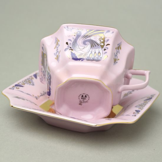 Šálek čajový 150 ml + podšálek 14 cm, Empír, dekor 562 páv, Růžový porcelán z Chodova