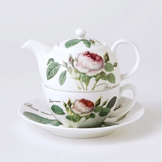 Redoute Rose: Čajová sada 3díl., Tea for one set, anglický kostní porcelán Roy Kirkham