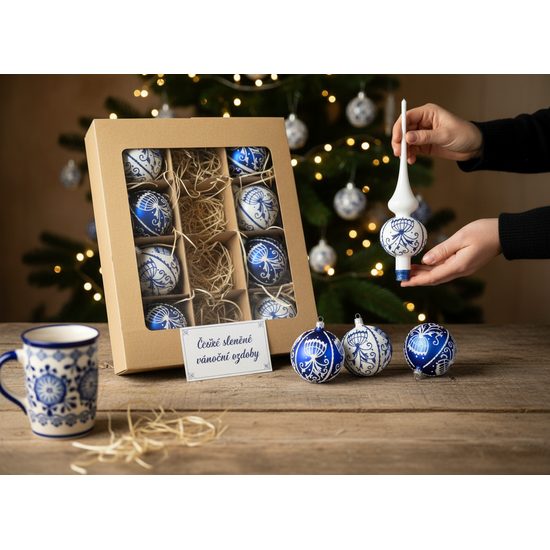 A set of Onion Pattern Christmas Tree Decoration Glass Balls 8 cm + Christmas tree tip, Set 9 pcs.