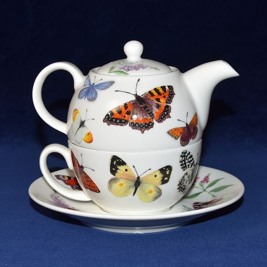 Zahrada motýlů: Čajová sada 3díl. Tea for one set, anglický kostní porcelán Roy Kirkham