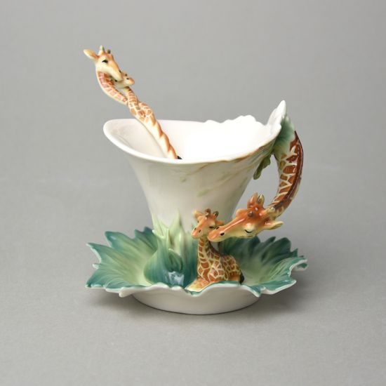 Endless Beauty giraffe design sculptured porcelain cup and saucer and spoon 12,5 x 10 cm, FRANZ Porcelain