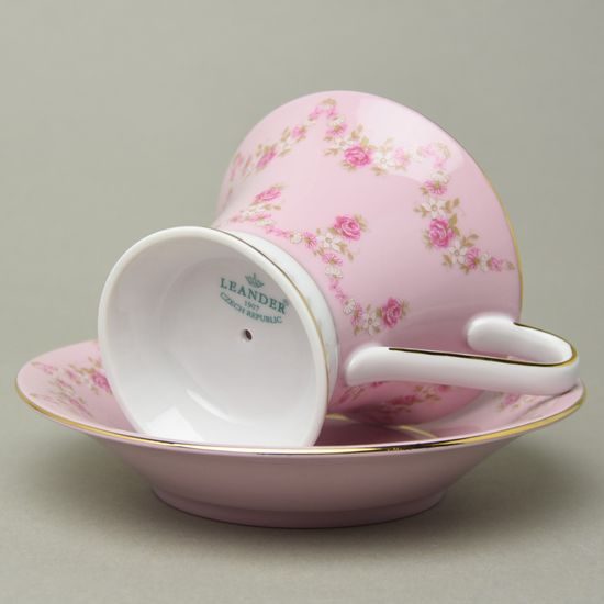 Cup footed 200 ml + sacuer 15 cm, Světlana, pink-white, decor 158, Leander, rose china