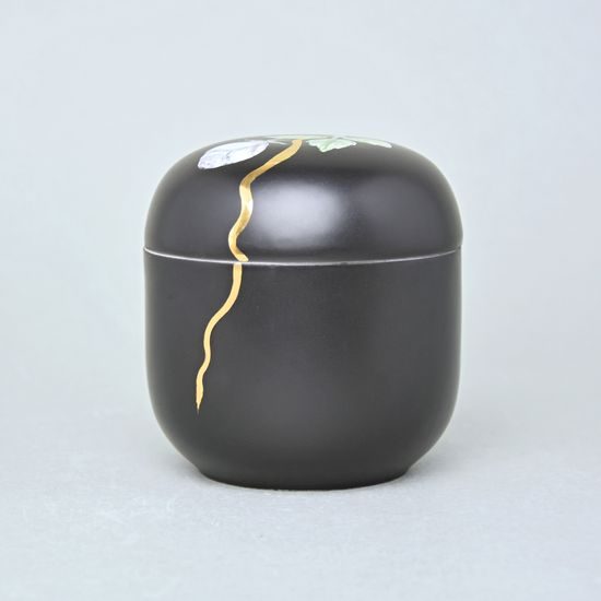 Dóza s růží a zlatou stuhou, 9,5 x 9 cm, Černý fond + zlato, Porcelán Duchcov